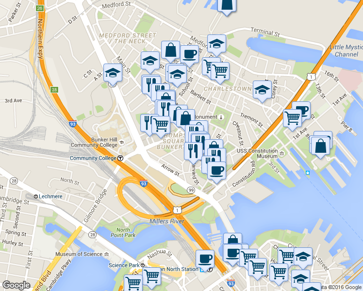 map of restaurants, bars, coffee shops, grocery stores, and more near in Boston