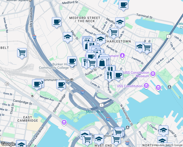 map of restaurants, bars, coffee shops, grocery stores, and more near 20 Lawrence Street in Boston