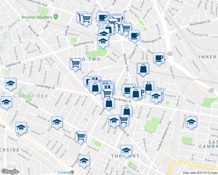 map of restaurants, bars, coffee shops, grocery stores, and more near 25 Houghton Street in Somerville