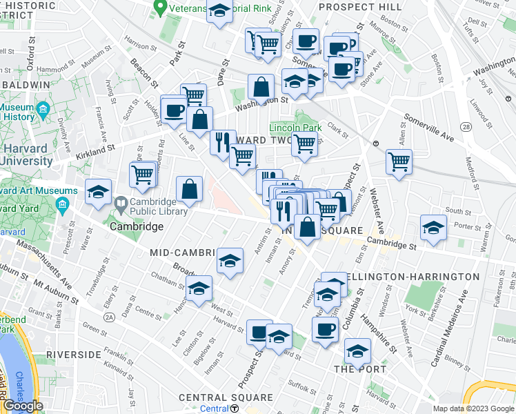 map of restaurants, bars, coffee shops, grocery stores, and more near 17 Hammond Street in Somerville