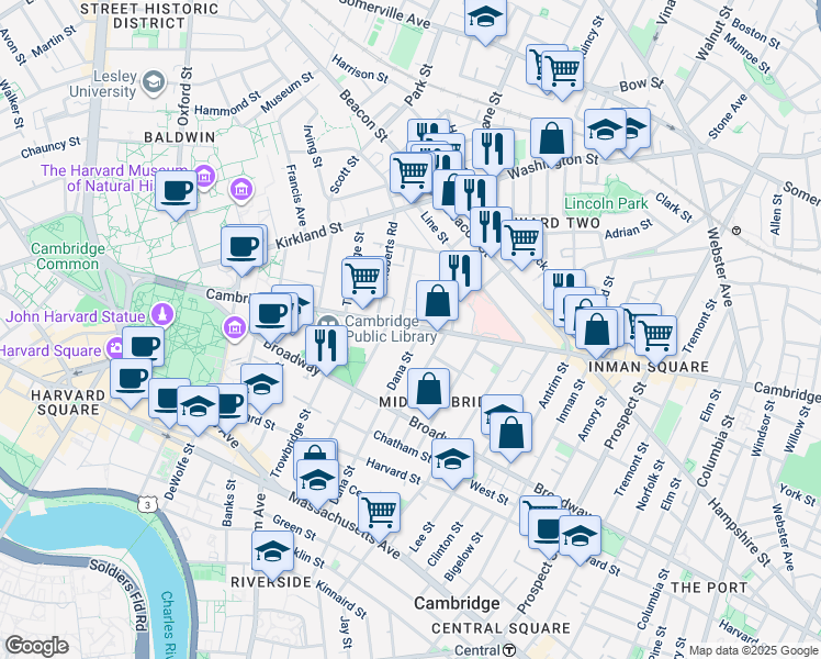 map of restaurants, bars, coffee shops, grocery stores, and more near 1575 Cambridge Street in Cambridge