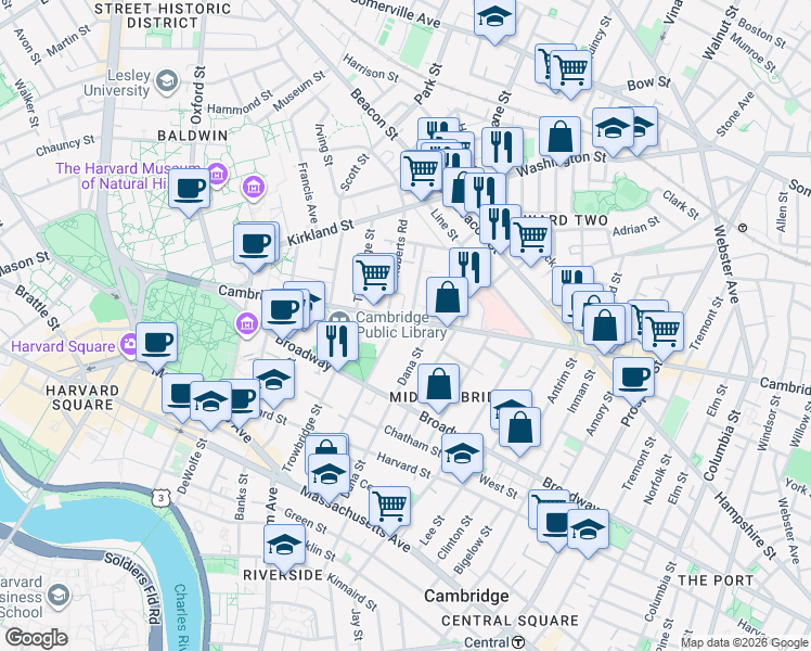 map of restaurants, bars, coffee shops, grocery stores, and more near 1575 Cambridge Street in Cambridge