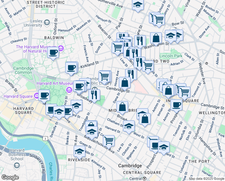map of restaurants, bars, coffee shops, grocery stores, and more near 1575 Cambridge Street in Cambridge
