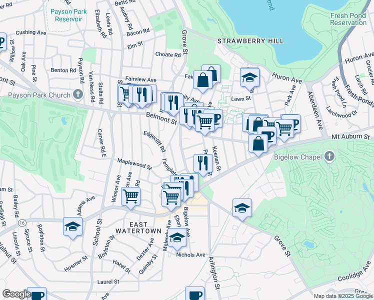 map of restaurants, bars, coffee shops, grocery stores, and more near 15 Keith Street in Watertown