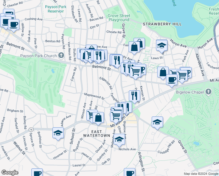 map of restaurants, bars, coffee shops, grocery stores, and more near 44 Woodleigh Road in Watertown
