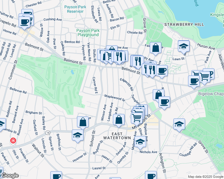 map of restaurants, bars, coffee shops, grocery stores, and more near 121 Winsor Avenue in Watertown