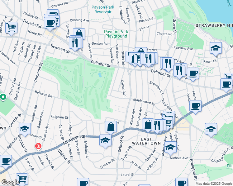 map of restaurants, bars, coffee shops, grocery stores, and more near 61 Carver Road in Watertown