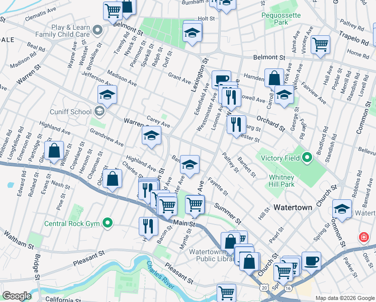 map of restaurants, bars, coffee shops, grocery stores, and more near 43 Warren Street in Watertown