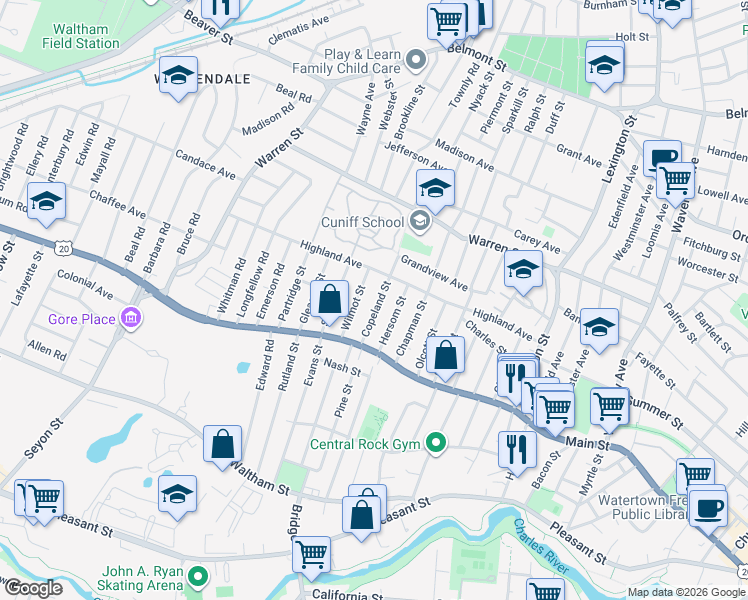 map of restaurants, bars, coffee shops, grocery stores, and more near 54 Wilmot Street in Watertown
