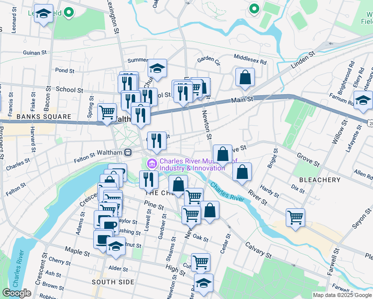 map of restaurants, bars, coffee shops, grocery stores, and more near 30A Amory Road in Waltham