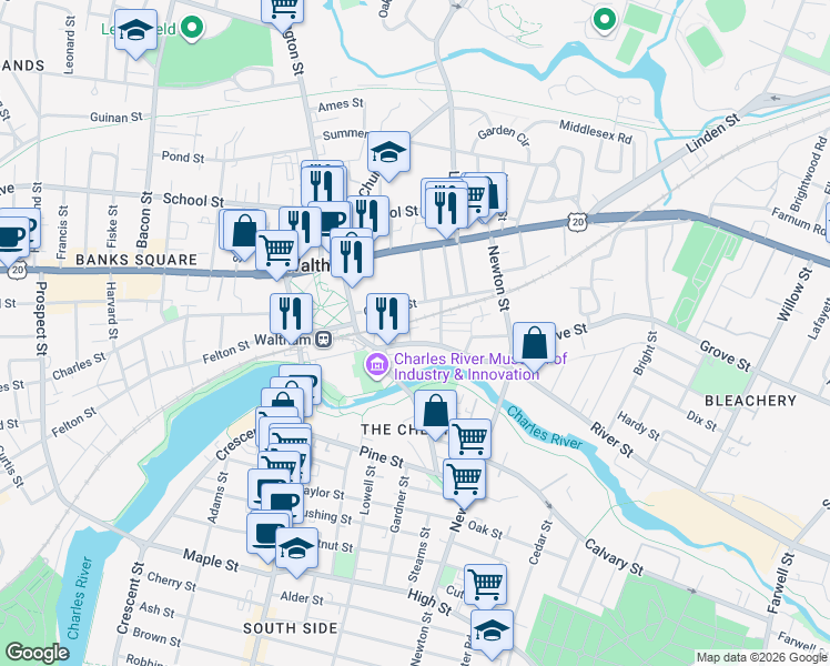 map of restaurants, bars, coffee shops, grocery stores, and more near 70 Central Street in Waltham