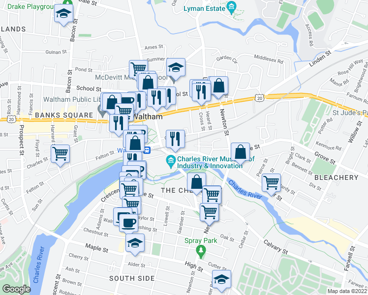 map of restaurants, bars, coffee shops, grocery stores, and more near 70 Central Street in Waltham