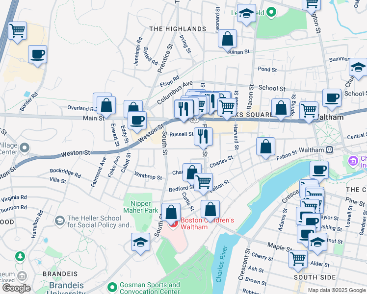 map of restaurants, bars, coffee shops, grocery stores, and more near 136 Russell Street in Waltham