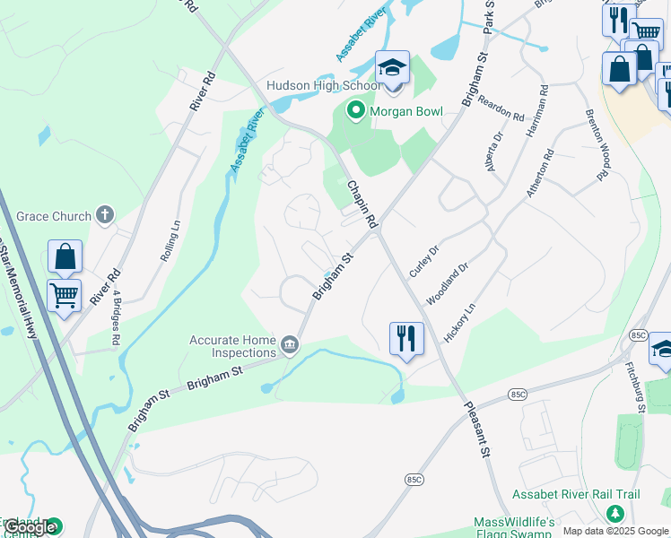 map of restaurants, bars, coffee shops, grocery stores, and more near 1111 Brigham Street in Hudson