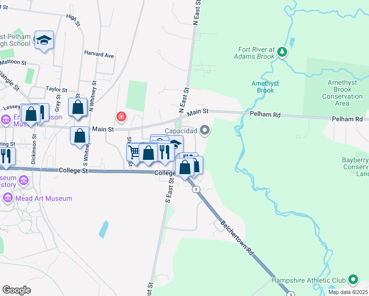 map of restaurants, bars, coffee shops, grocery stores, and more near 70 South East Street in Amherst