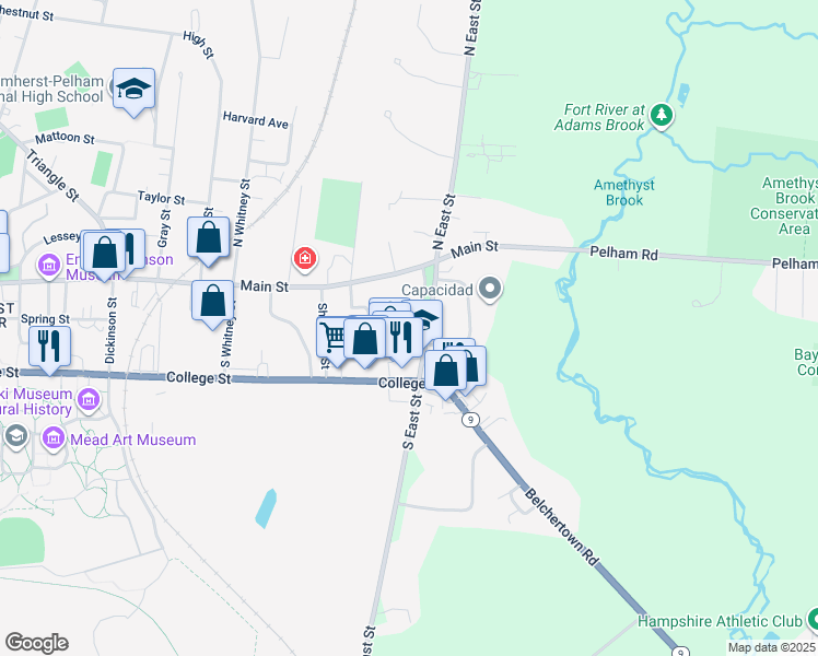 map of restaurants, bars, coffee shops, grocery stores, and more near 68 South East Street in Amherst