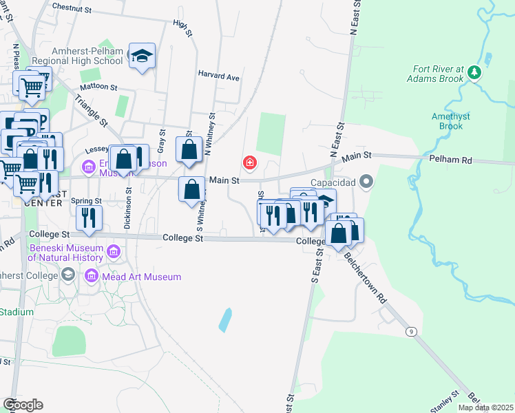 map of restaurants, bars, coffee shops, grocery stores, and more near 17 Shumway Street in Amherst