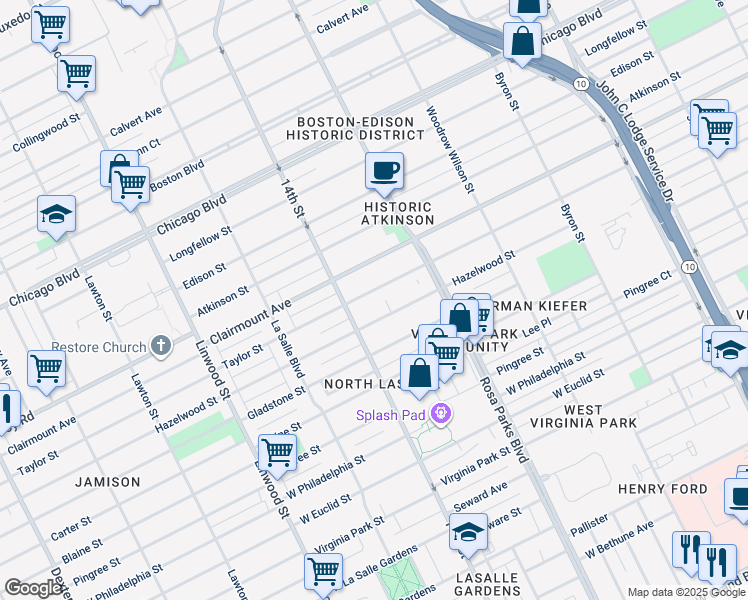 map of restaurants, bars, coffee shops, grocery stores, and more near 2044 Taylor Street in Detroit