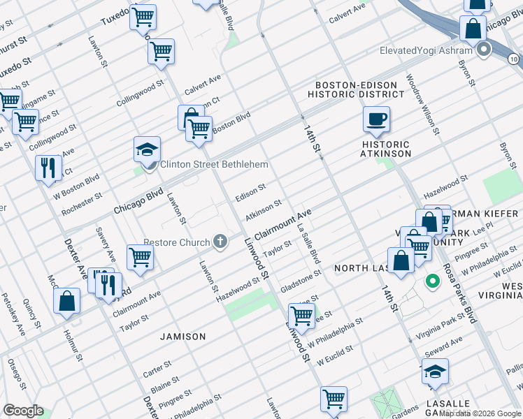 map of restaurants, bars, coffee shops, grocery stores, and more near 2461 Edison Street in Detroit