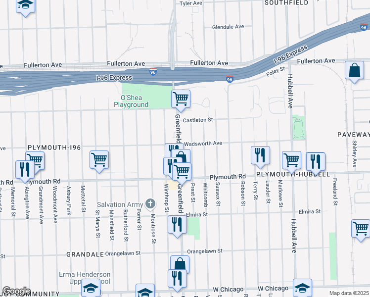 map of restaurants, bars, coffee shops, grocery stores, and more near 12010 Greenfield Road in Detroit