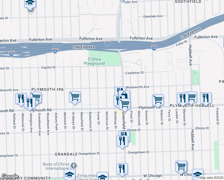 map of restaurants, bars, coffee shops, grocery stores, and more near 12017 Winthrop Street in Detroit