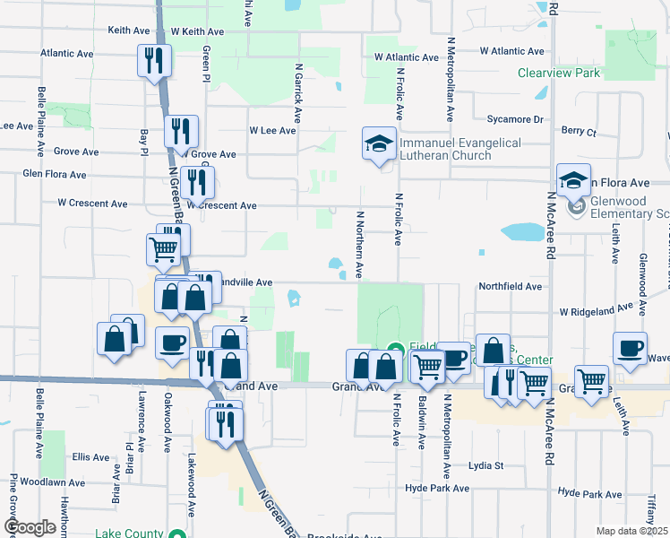 map of restaurants, bars, coffee shops, grocery stores, and more near 3040 West Grandville Avenue in Waukegan