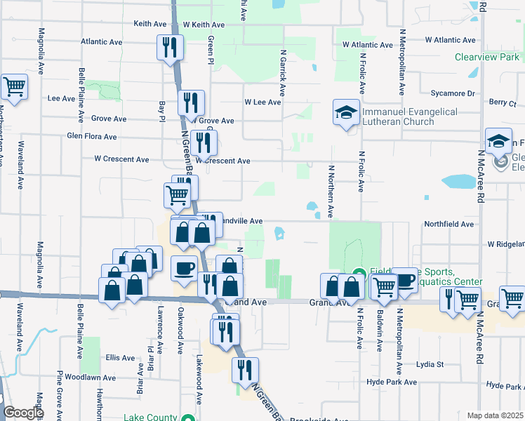 map of restaurants, bars, coffee shops, grocery stores, and more near 12710 West Southview Street in Waukegan