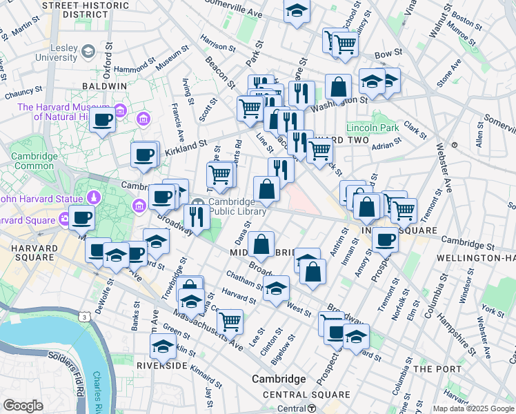 map of restaurants, bars, coffee shops, grocery stores, and more near 1560 Cambridge St in Mid-Cambridge