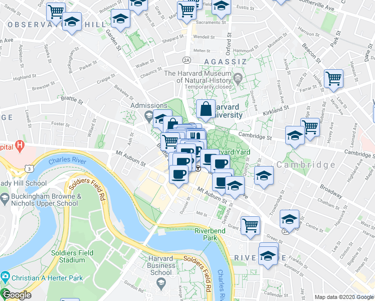 map of restaurants, bars, coffee shops, grocery stores, and more near 23 Church Street in Cambridge