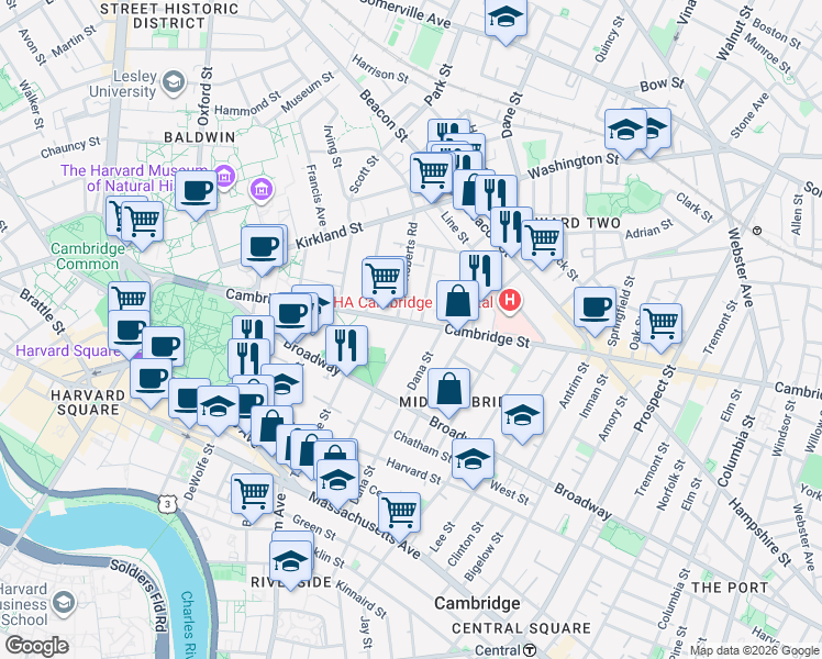 map of restaurants, bars, coffee shops, grocery stores, and more near 1590 Cambridge Street in Cambridge