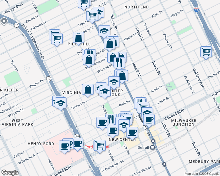 map of restaurants, bars, coffee shops, grocery stores, and more near 112 Seward Avenue in Detroit