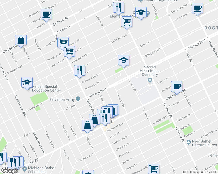 map of restaurants, bars, coffee shops, grocery stores, and more near 3342 West Chicago Boulevard in Detroit