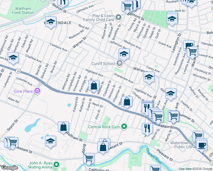 map of restaurants, bars, coffee shops, grocery stores, and more near 54 Wilmot Street in Watertown