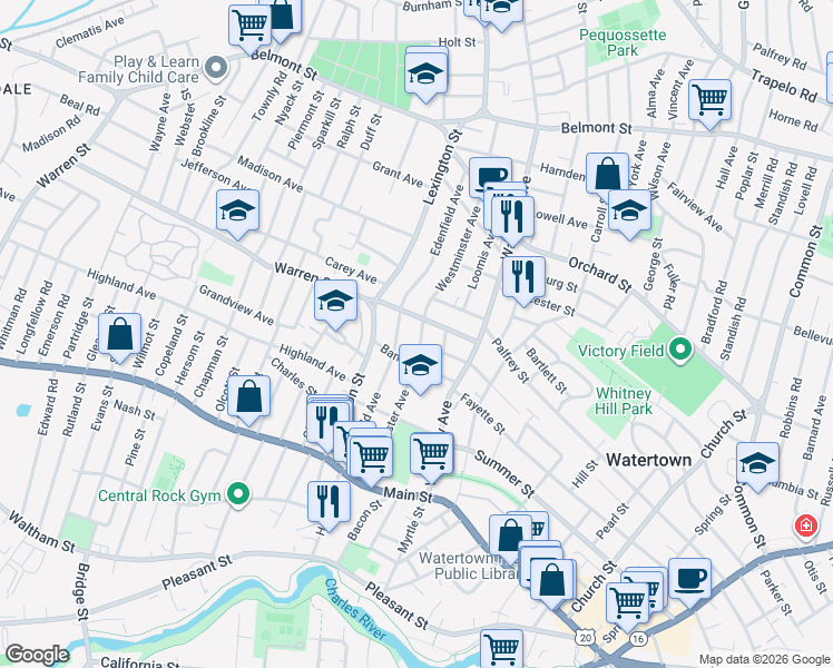 map of restaurants, bars, coffee shops, grocery stores, and more near 43 Warren Street in Watertown