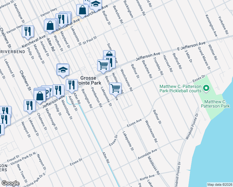 map of restaurants, bars, coffee shops, grocery stores, and more near 910 Beaconsfield Avenue in Grosse Pointe Park