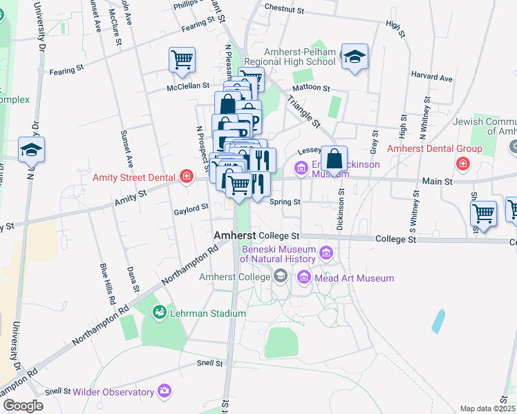 map of restaurants, bars, coffee shops, grocery stores, and more near South Amherst College Drive in Amherst