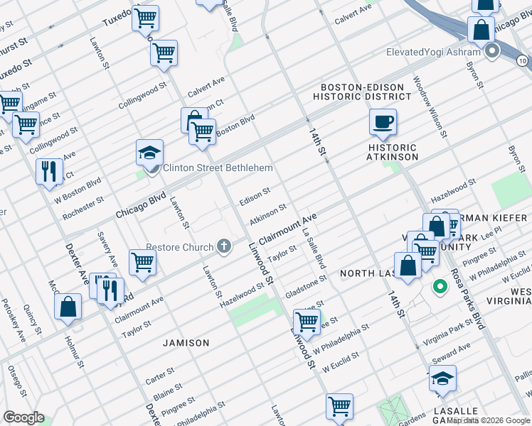 map of restaurants, bars, coffee shops, grocery stores, and more near 2461 Edison Street in Detroit