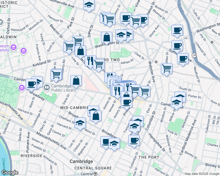map of restaurants, bars, coffee shops, grocery stores, and more near 1 Beacon Street in Somerville