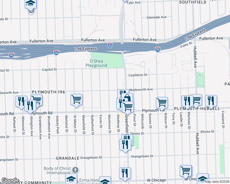 map of restaurants, bars, coffee shops, grocery stores, and more near 12017 Winthrop Street in Detroit