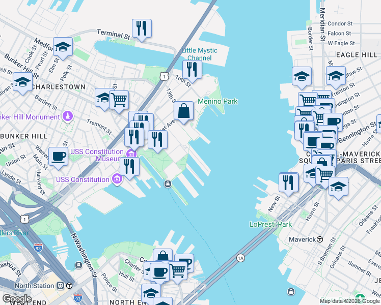 map of restaurants, bars, coffee shops, grocery stores, and more near 12 Constellation Wharf in Boston