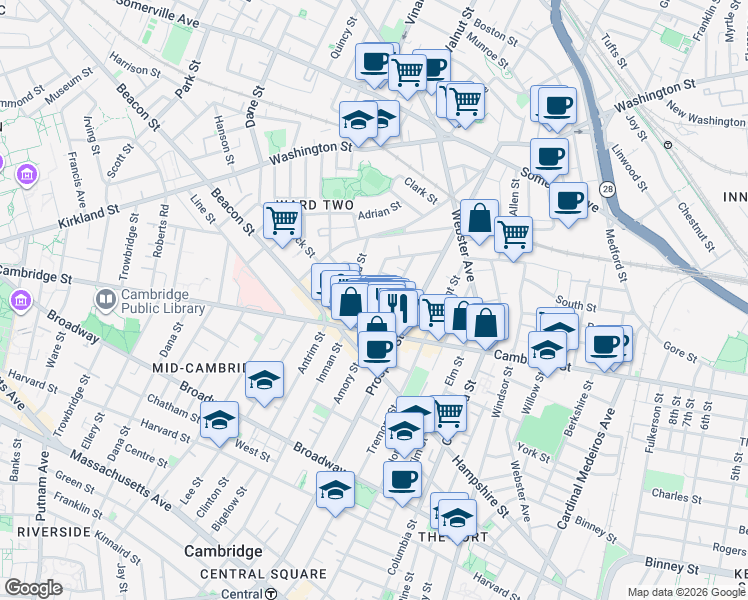 map of restaurants, bars, coffee shops, grocery stores, and more near 25 Houghton Street in Somerville