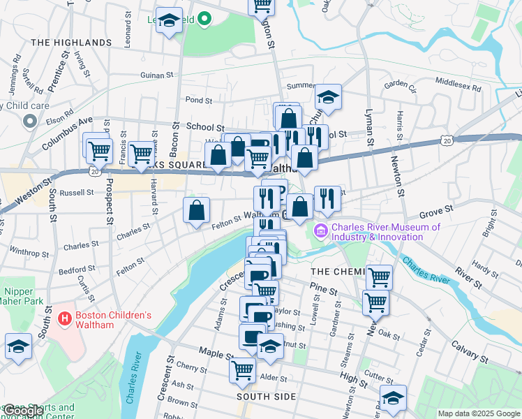 map of restaurants, bars, coffee shops, grocery stores, and more near 75 Moody Street in Waltham