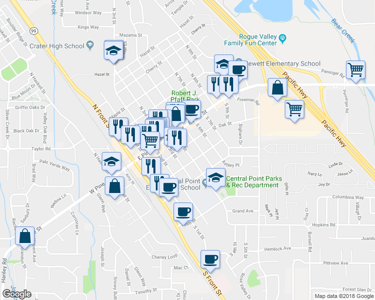 map of restaurants, bars, coffee shops, grocery stores, and more near 412 Oak Street in Central Point
