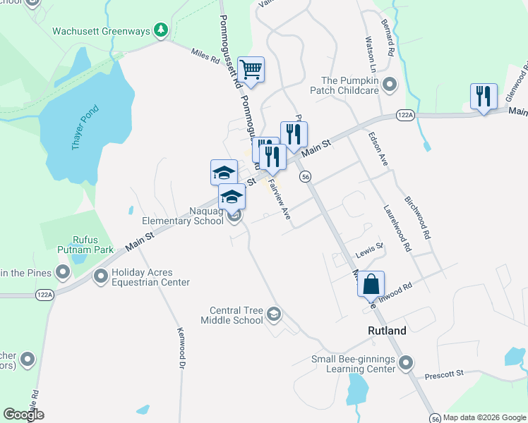 map of restaurants, bars, coffee shops, grocery stores, and more near 2 Meadowbrook Circle in Rutland