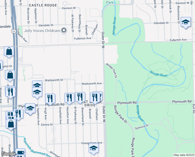 map of restaurants, bars, coffee shops, grocery stores, and more near 12034 Chatham in Detroit