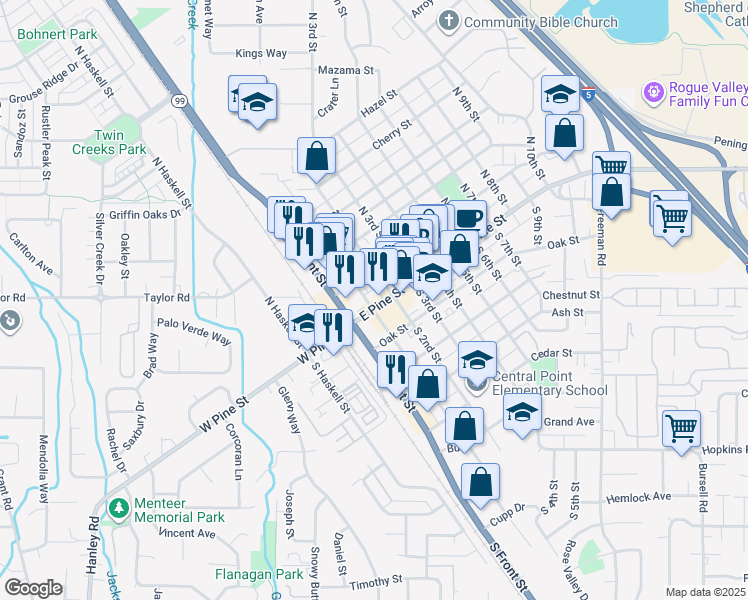 map of restaurants, bars, coffee shops, grocery stores, and more near 117 East Pine Street in Central Point