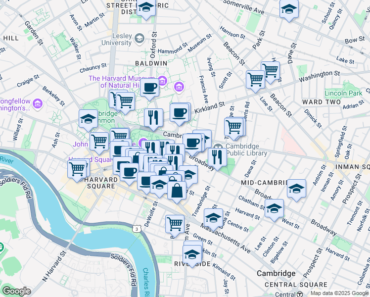 map of restaurants, bars, coffee shops, grocery stores, and more near 95 Prescott Street in Cambridge