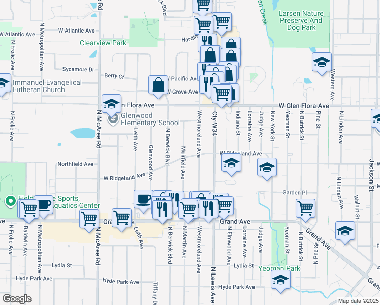 map of restaurants, bars, coffee shops, grocery stores, and more near 1019 Muirfield Avenue in Waukegan