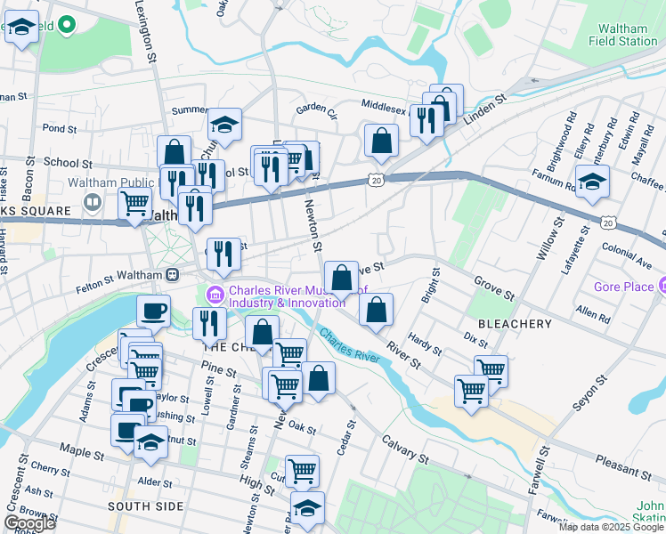 map of restaurants, bars, coffee shops, grocery stores, and more near 66 Newton Street in Waltham