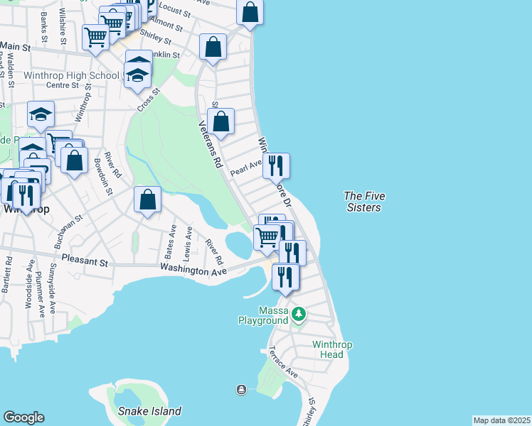 map of restaurants, bars, coffee shops, grocery stores, and more near 386 Shirley Street in Winthrop